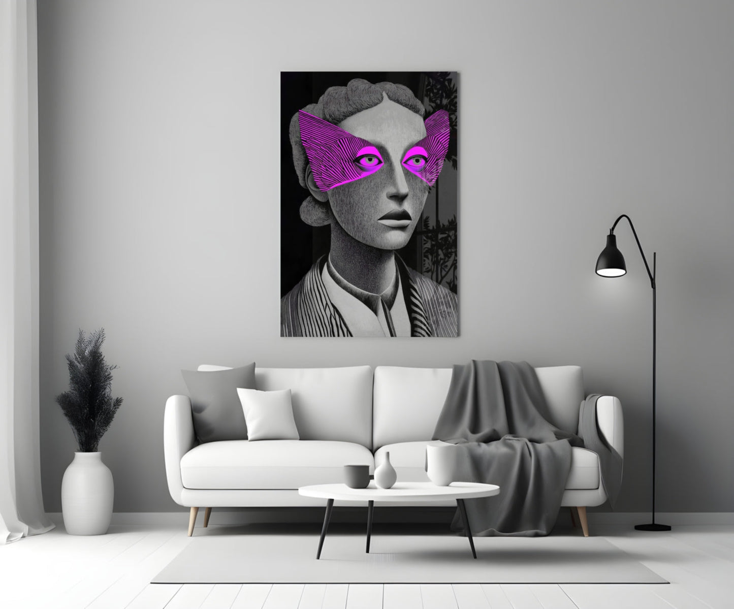 Grayscale Portrait Magenta Eye Mask Glass Wall Art