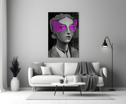 Grayscale Portrait Magenta Eye Mask Glass Wall Art