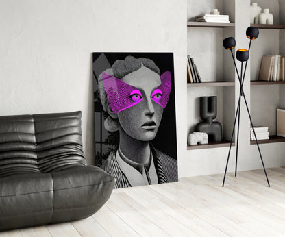 Grayscale Portrait Magenta Eye Mask Glass Wall Art