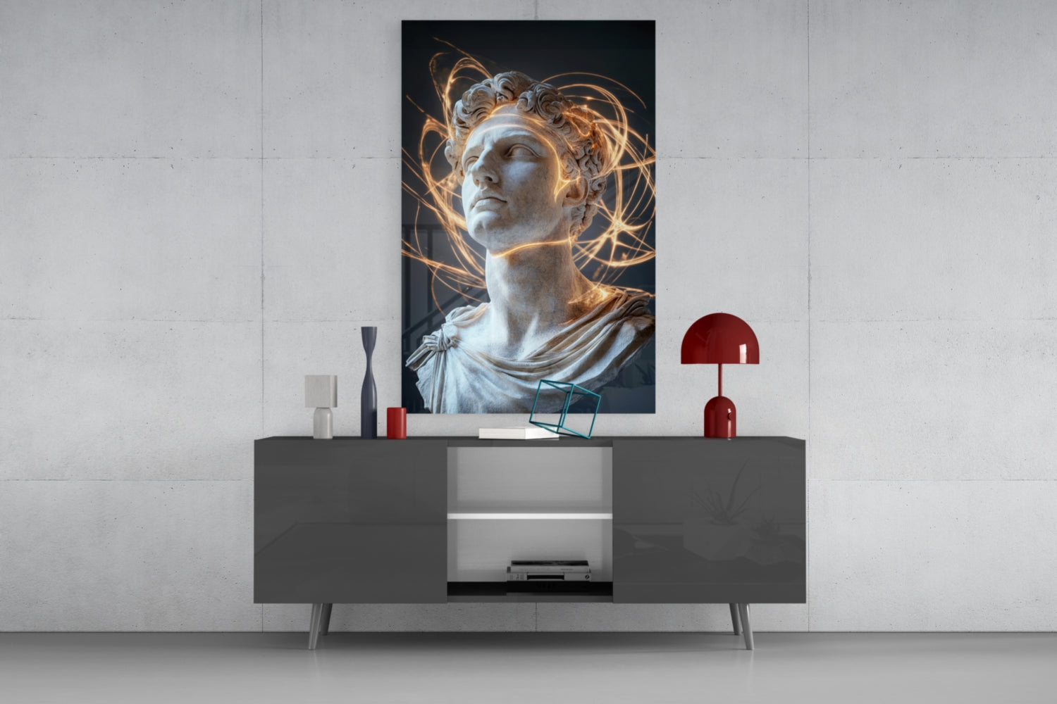 Modern living room display featuring classical marble bust with golden light effects mounted above dark gray media console with red decorative objects.