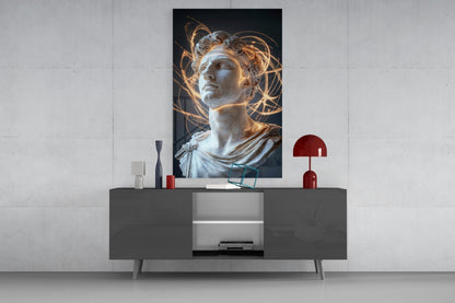 Modern living room display featuring classical marble bust with golden light effects mounted above dark gray media console with red decorative objects.