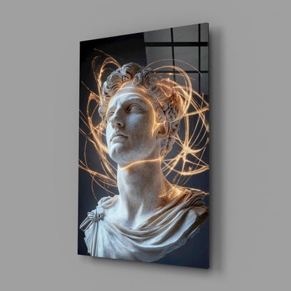 Classical marble bust with golden light trails surrounding the head, displayed as angled glass wall art against gray background.