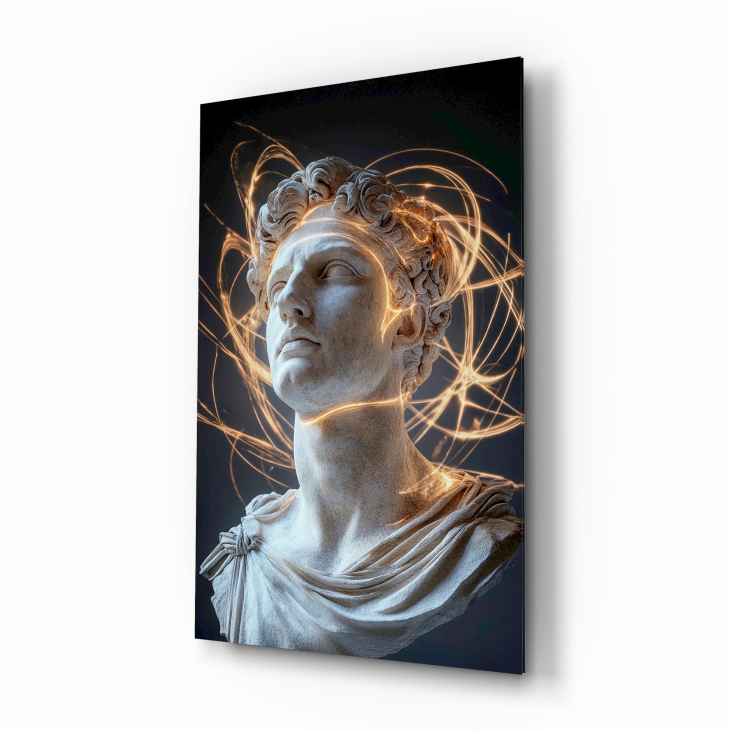 Classical marble bust with ornate curled hair and draped shoulders, illuminated by golden glowing light patterns against dark background.