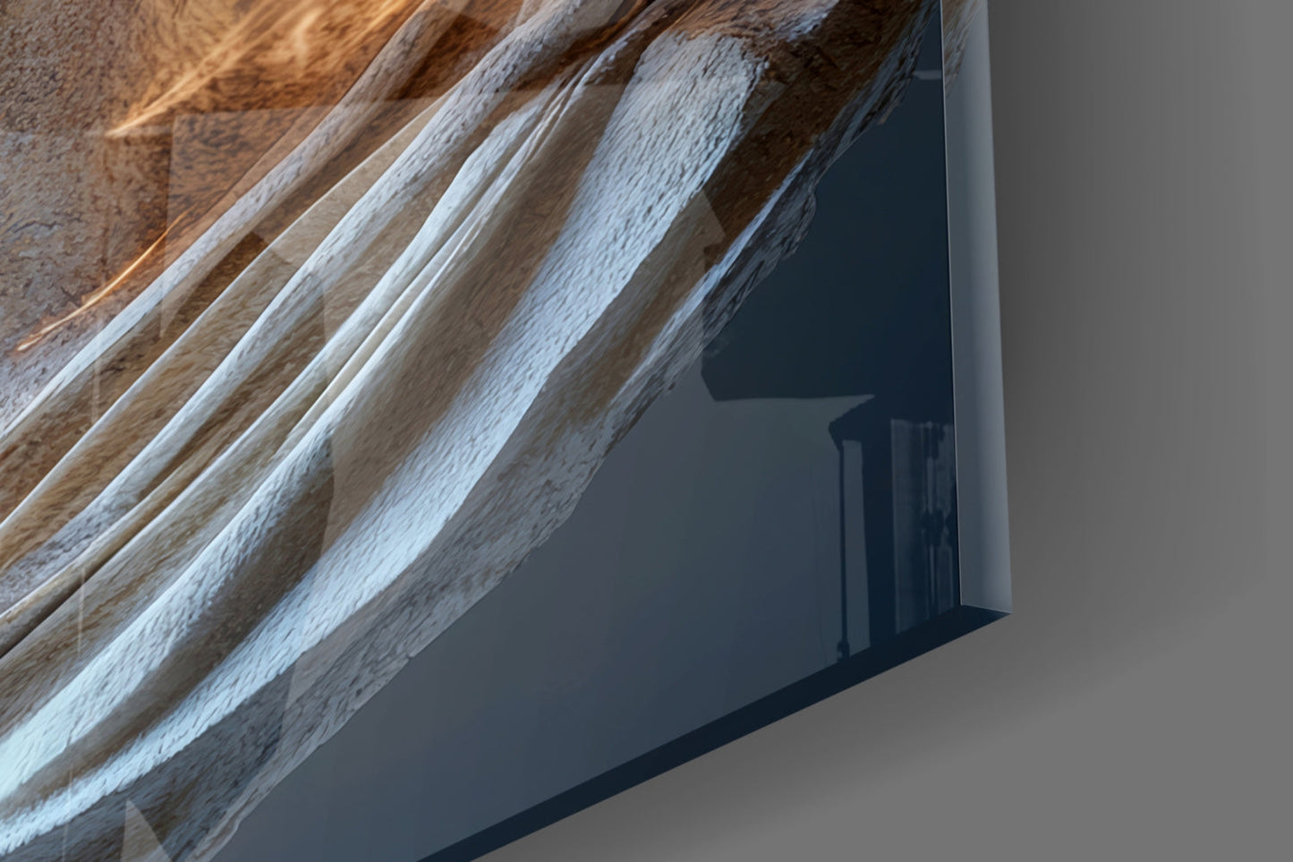 Close-up angled view of whitewashed wooden ceiling beams with glass wall art casting dark shadow below.