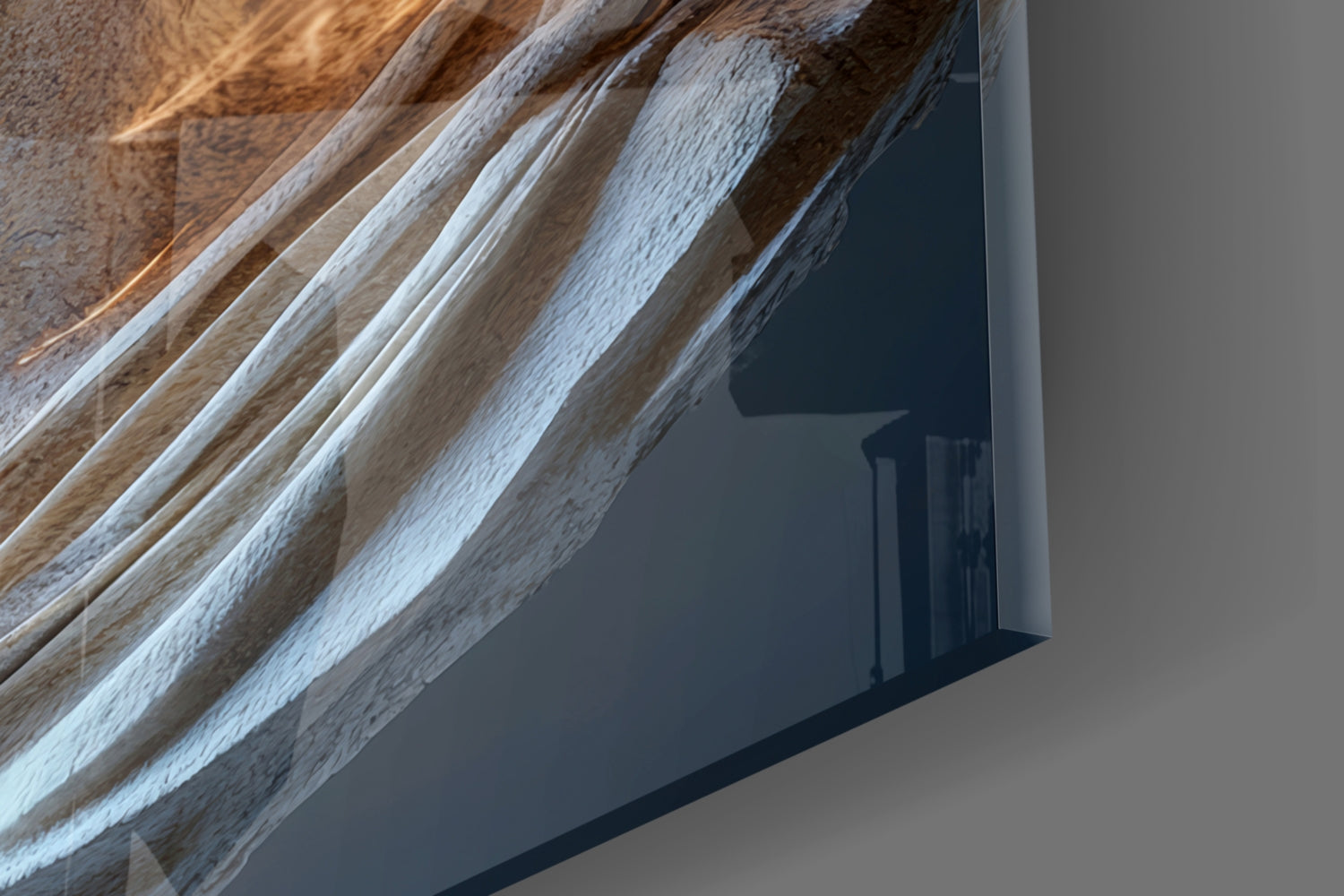 Close-up angled view of whitewashed wooden ceiling beams with glass wall art casting dark shadow below.