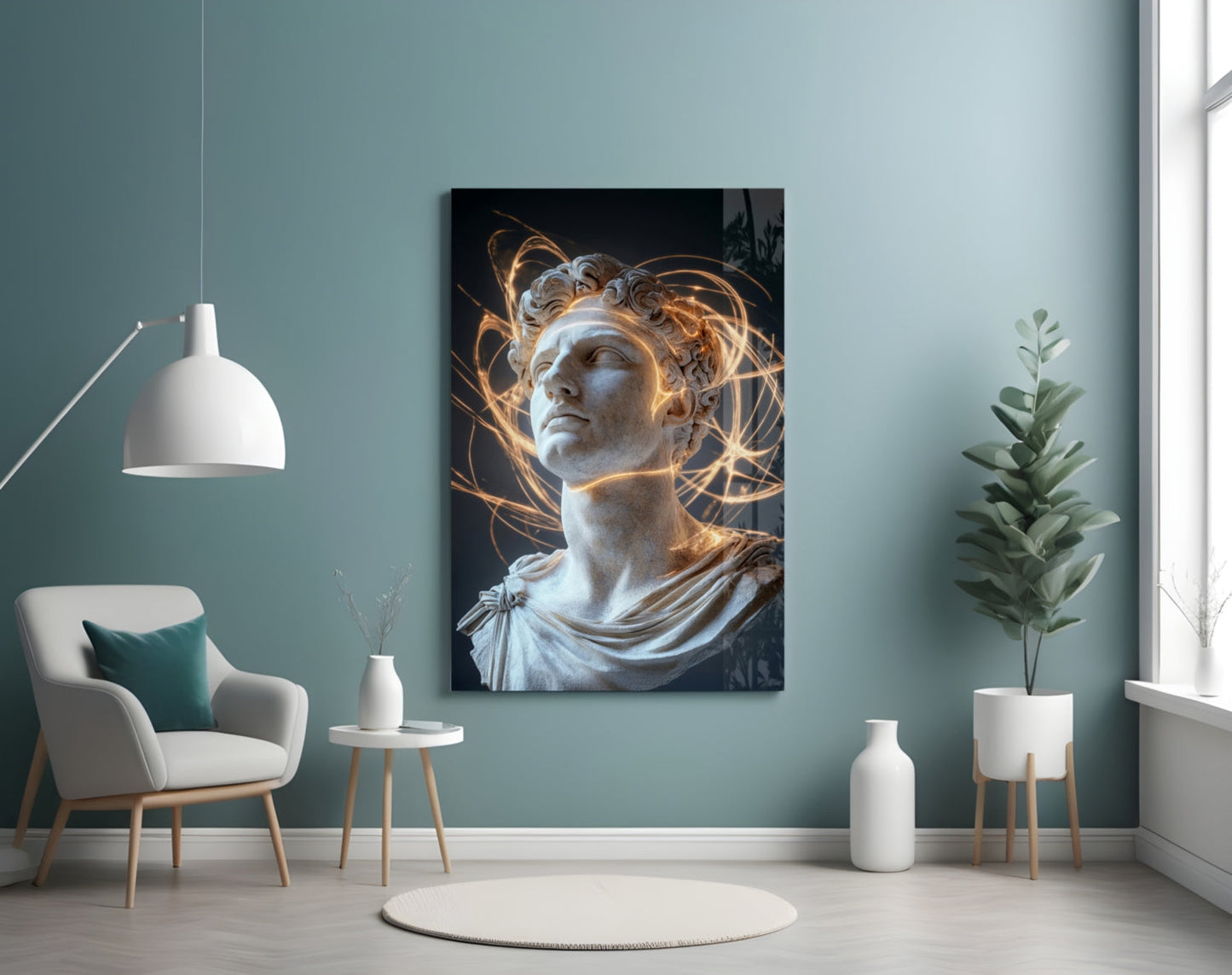 Classical white marble bust with golden light trails displayed on dark canvas in modern room with teal walls, pendant lamp, and potted plant.