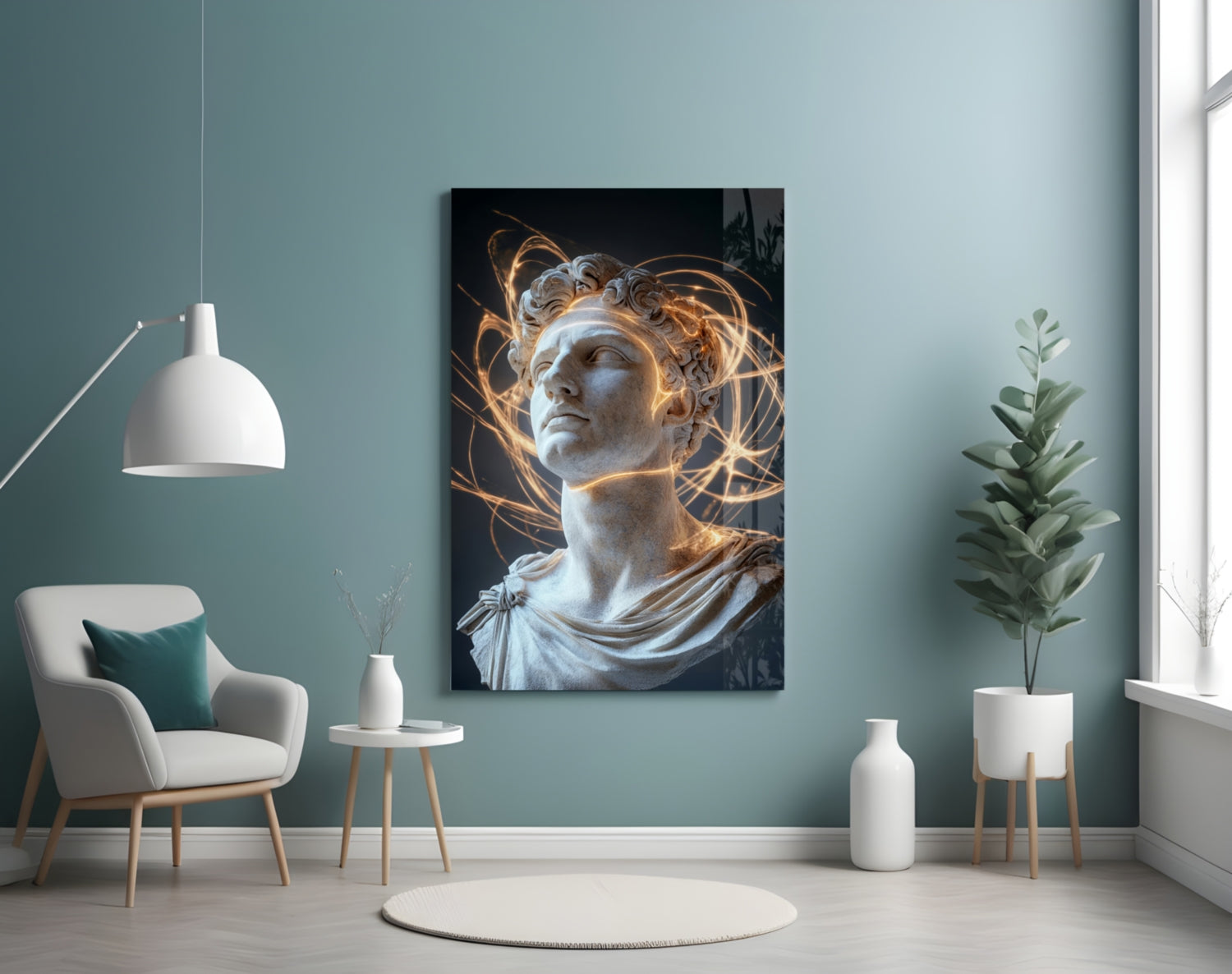 Classical white marble bust with golden light trails displayed on dark canvas in modern room with teal walls, pendant lamp, and potted plant.