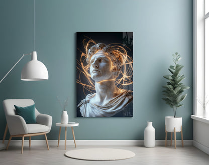 Classical white marble bust with golden light trails displayed on dark canvas in modern room with teal walls, pendant lamp, and potted plant.