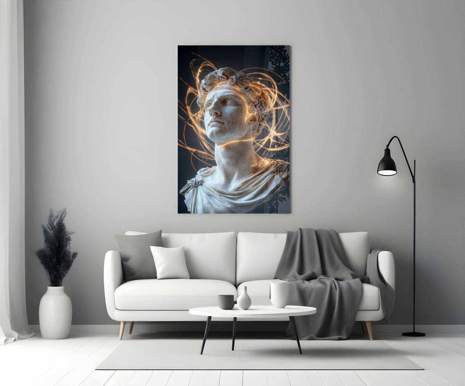 Classical white marble bust with golden light trails displayed above a white sofa in a modern living room interior.