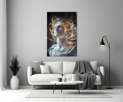 Classical white marble bust with golden light trails displayed above a white sofa in a modern living room interior.