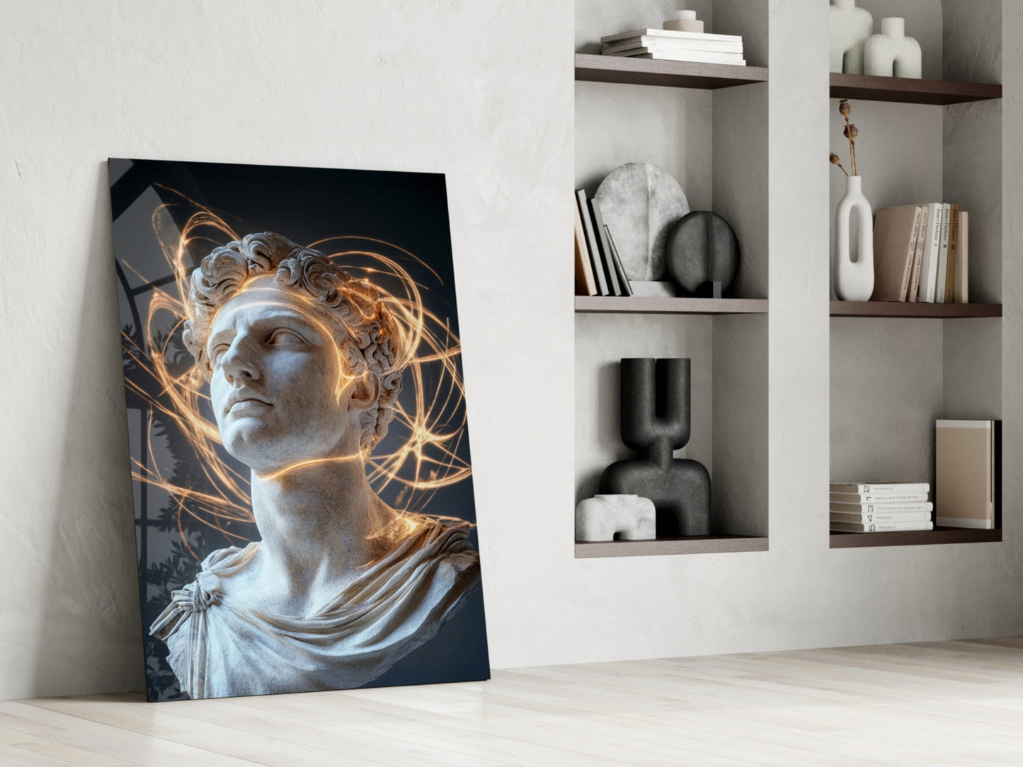 Glass wall art featuring a classical marble bust with golden light effects leaning against white wall beside wooden shelving.