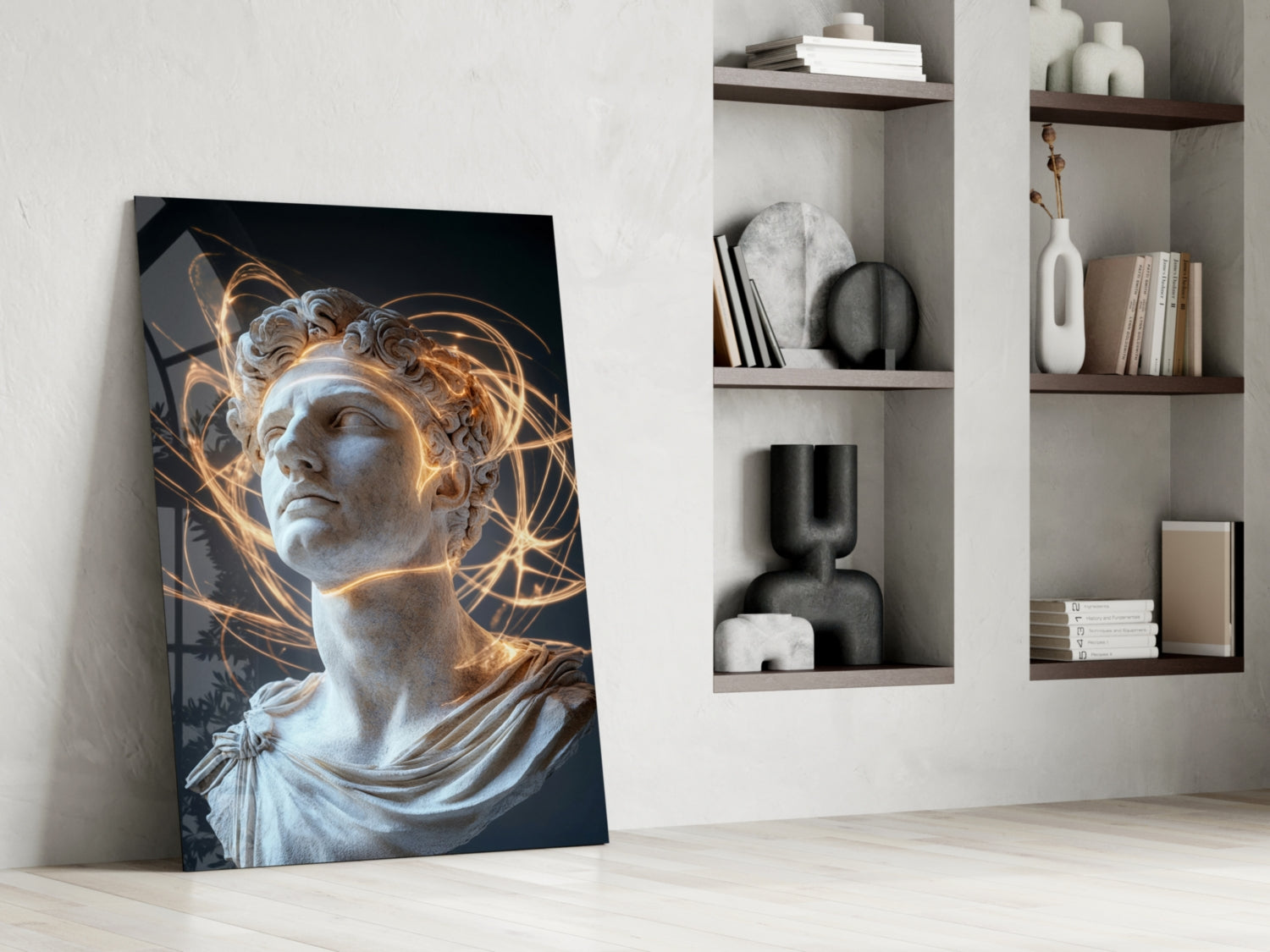 Glass wall art featuring a classical marble bust with golden light effects leaning against white wall beside wooden shelving.