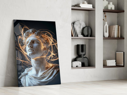 Glass wall art featuring a classical marble bust with golden light effects leaning against white wall beside wooden shelving.