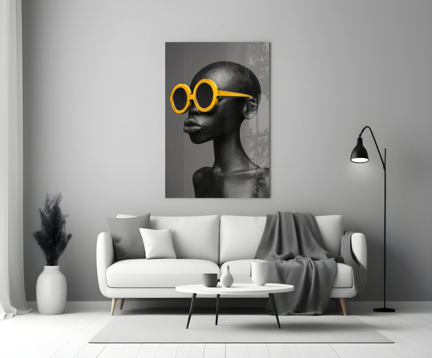 Yellow Round Sunglasses Gray Portrait Glass Wall Art