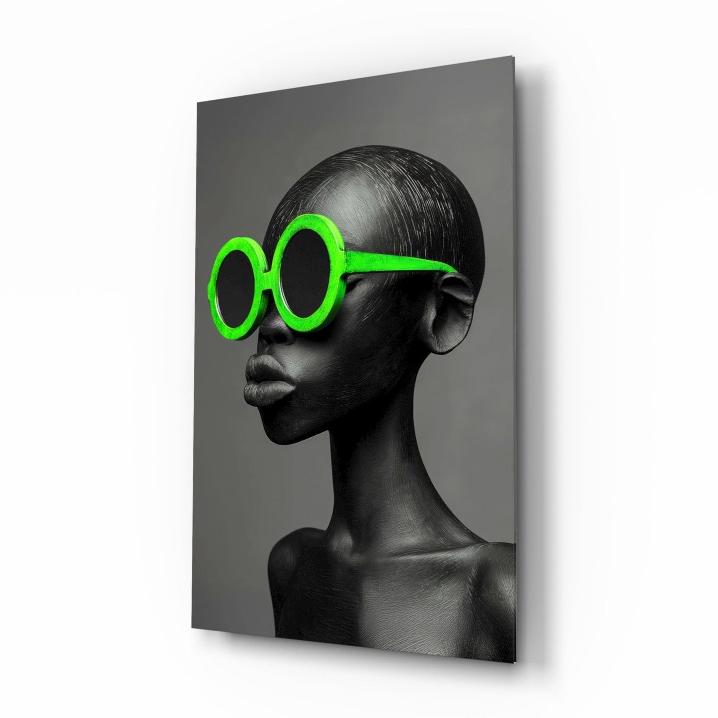 Neon Green Round Sunglasses Gray Portrait Glass Wall Art