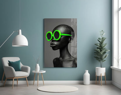 Neon Green Round Sunglasses Gray Portrait Glass Wall Art