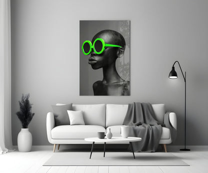 Neon Green Round Sunglasses Gray Portrait Glass Wall Art