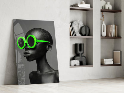Neon Green Round Sunglasses Gray Portrait Glass Wall Art