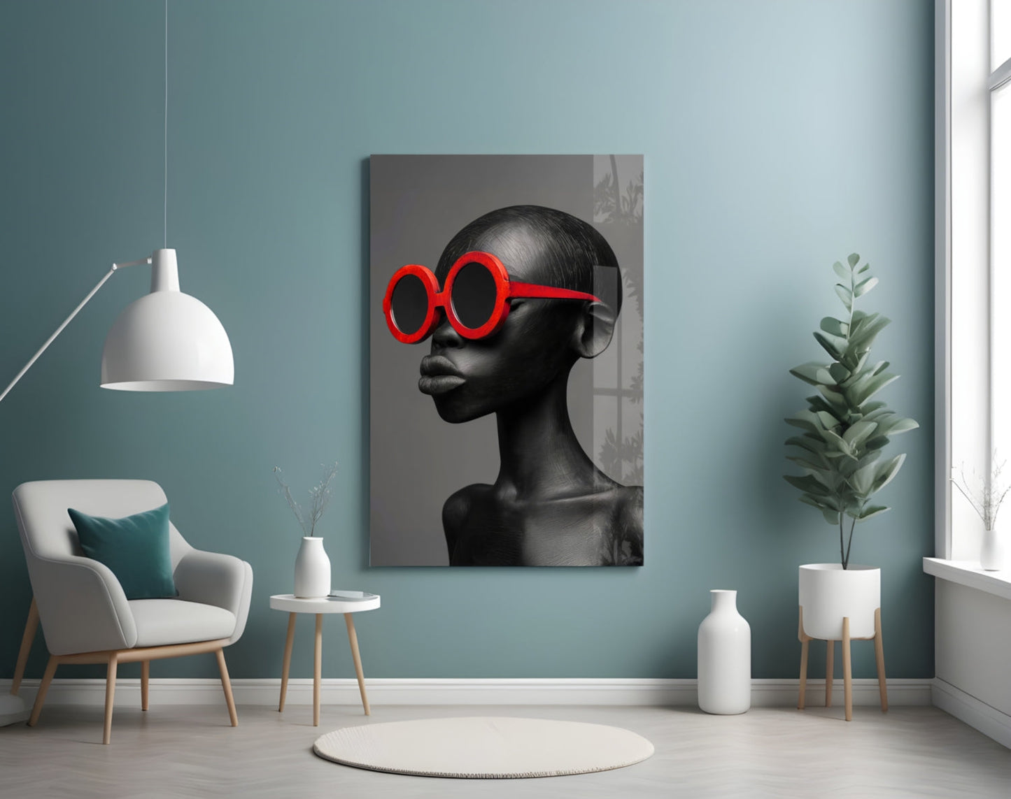 Red Round Sunglasses Gray Portrait Glass Wall Art
