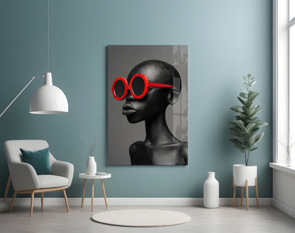 Red Round Sunglasses Gray Portrait Glass Wall Art