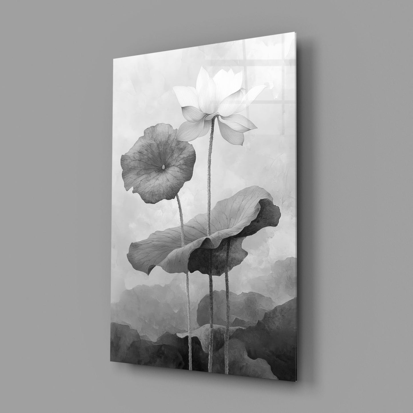 Three water lilies with detailed leaves and stems rendered in black and white on a glass panel, displayed at an angle against a gray background.