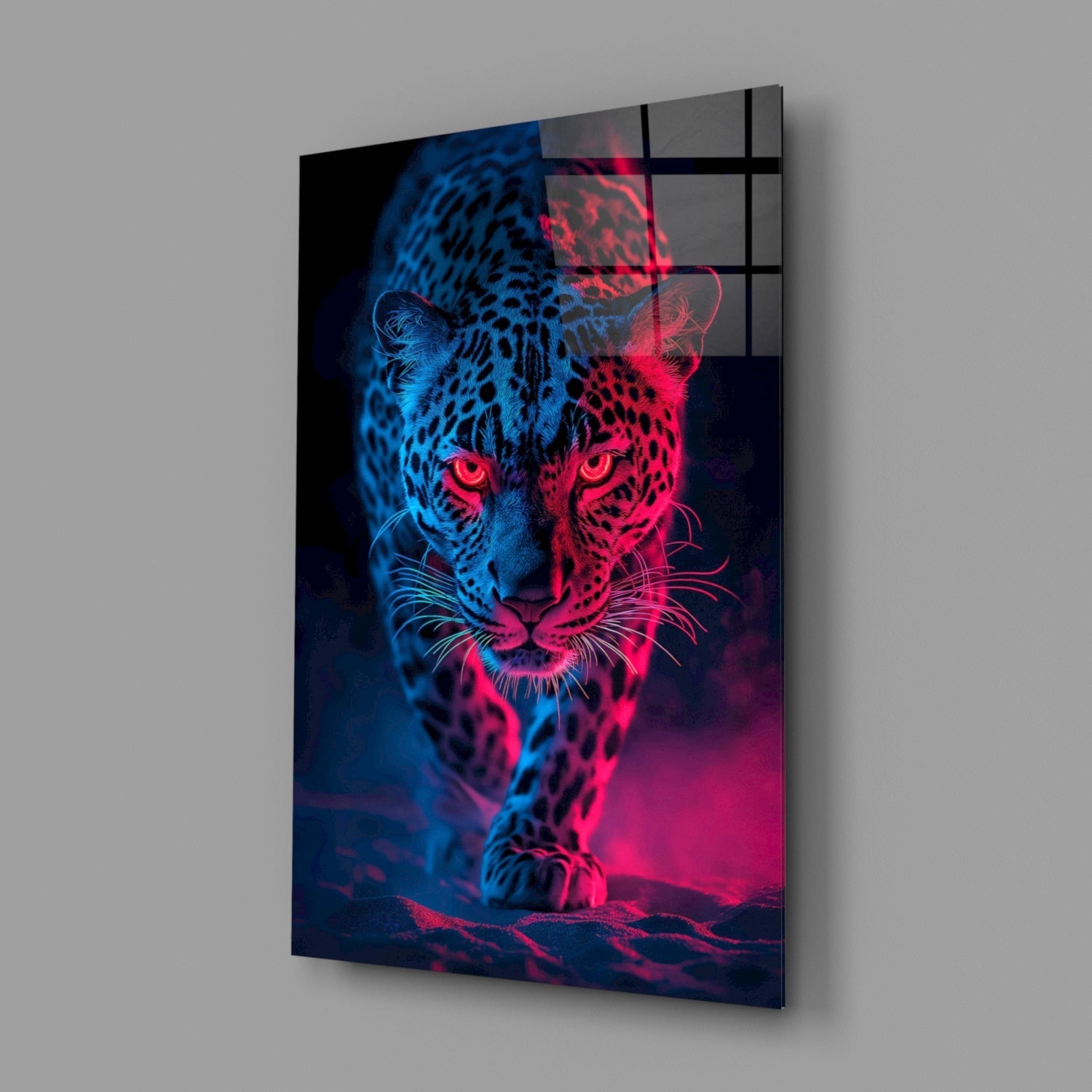 Angled view of neon leopard glass wall art showing blue and pink illuminated design mounted on gray wall.