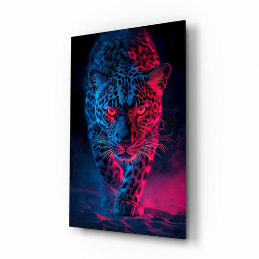 A neon leopard portrait with split blue and pink lighting on a glass panel, displayed at an angle showing the shadow on the wall behind it.