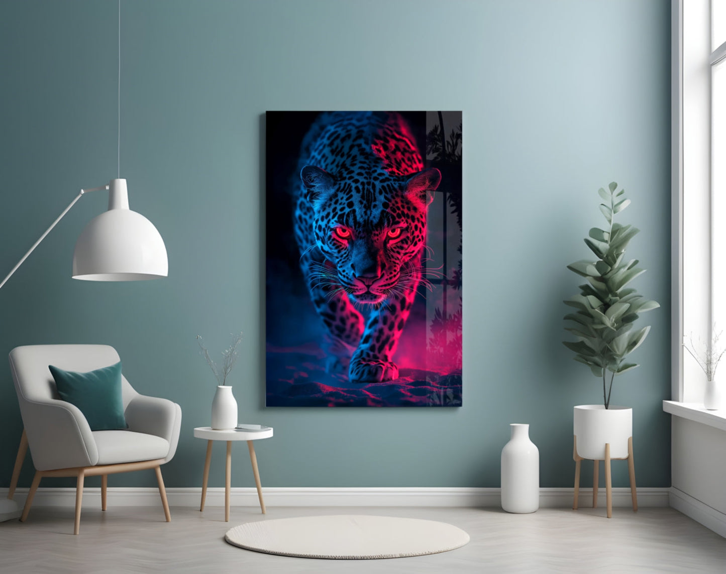 Neon leopard glass wall art featuring blue and pink neon lighting on black background, displayed in modern room setting with chair and plants.
