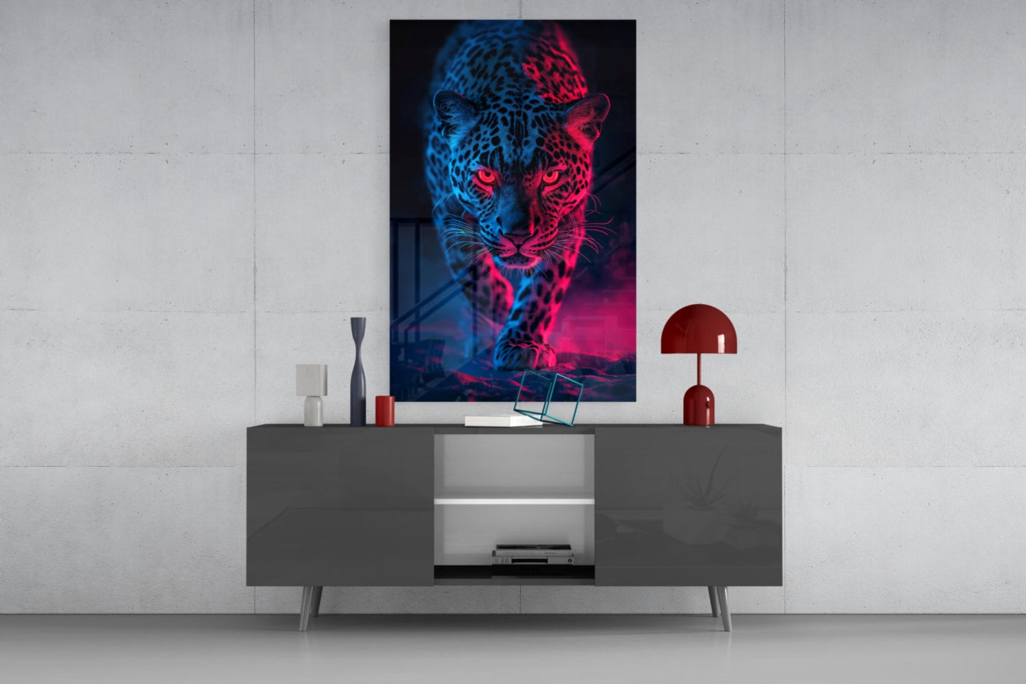 Neon leopard glass wall art with blue and red split-face design displayed above gray console table in modern interior setting.