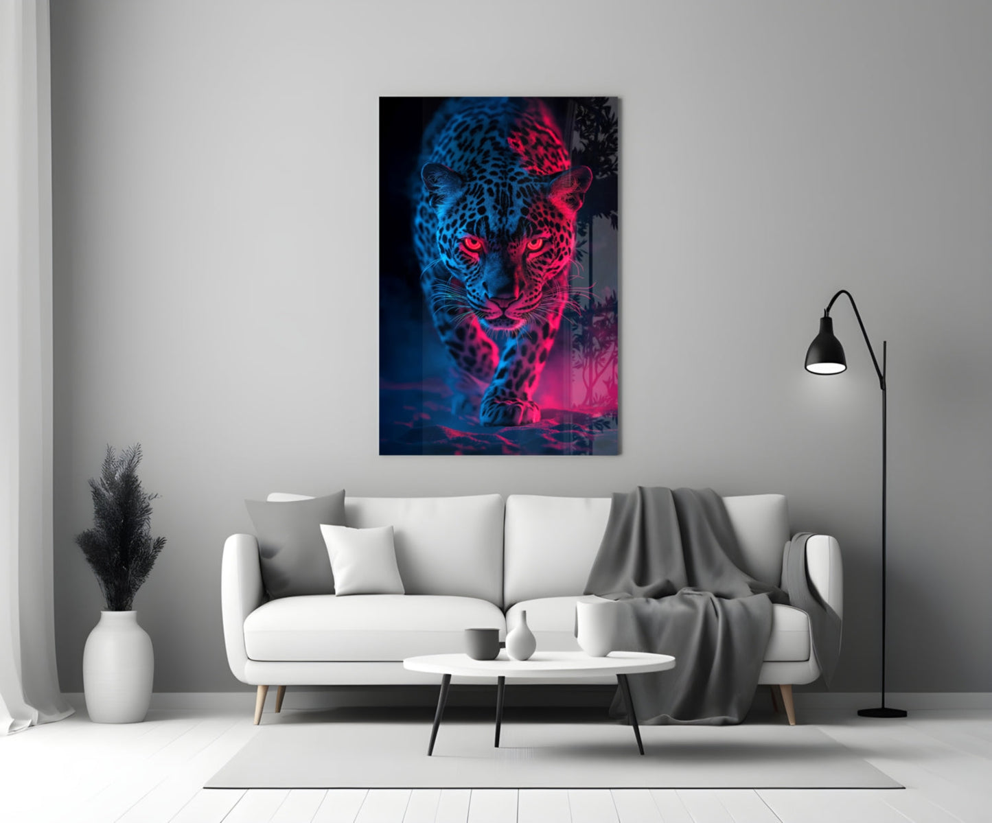 Neon leopard glass wall art with blue and pink lighting displayed above white sofa in modern living room.