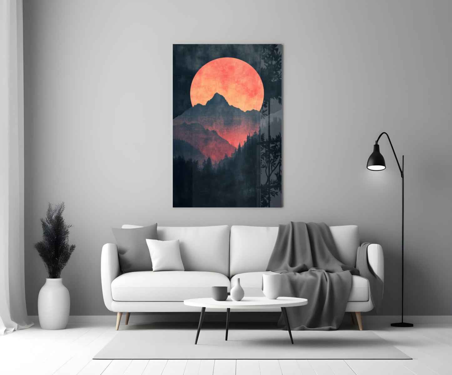 Red Moon Rising glass wall art displayed above white sofa in modern living room setting.