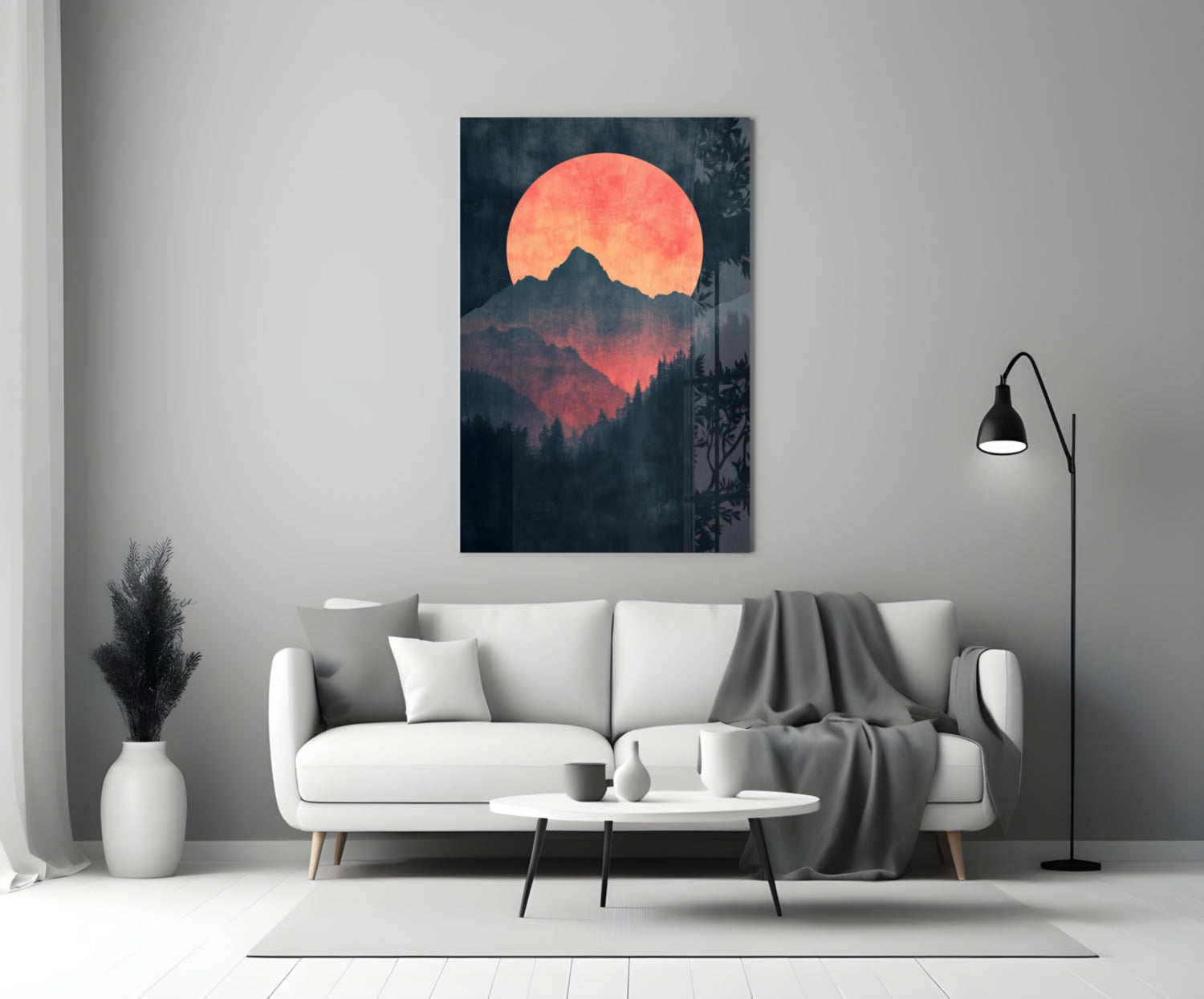 Red Moon Rising glass wall art displayed above white sofa in modern living room setting.