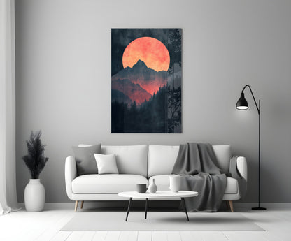 Red Moon Rising glass wall art displayed above white sofa in modern living room setting.
