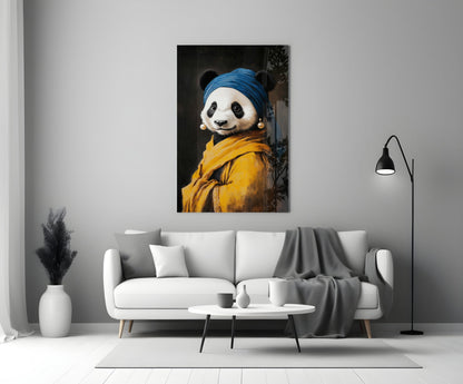 Glass wall art depicting a panda wearing a blue headwrap and yellow jacket with pearl earrings, displayed above a white sofa in a modern living room.