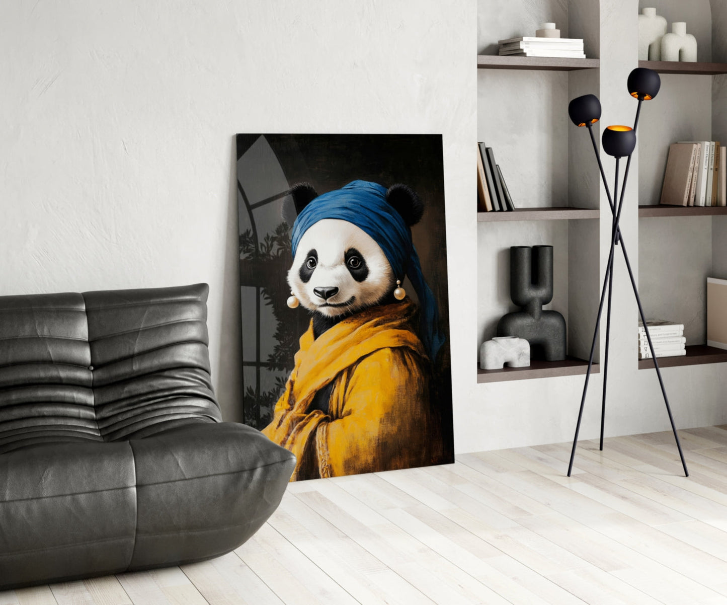 Contemporary living room setting featuring a panda wearing a blue headwrap and yellow jacket displayed as framed glass wall art.