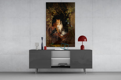 Modern living room display featuring a dark gray media console with a vertical portrait painting of cats in a garden above it, flanked by decorative red and neutral accessories.