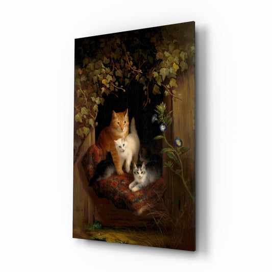 Three cats in a wooden shelter with autumn vines and blue flowers, displayed as a framed glass wall art panel.
