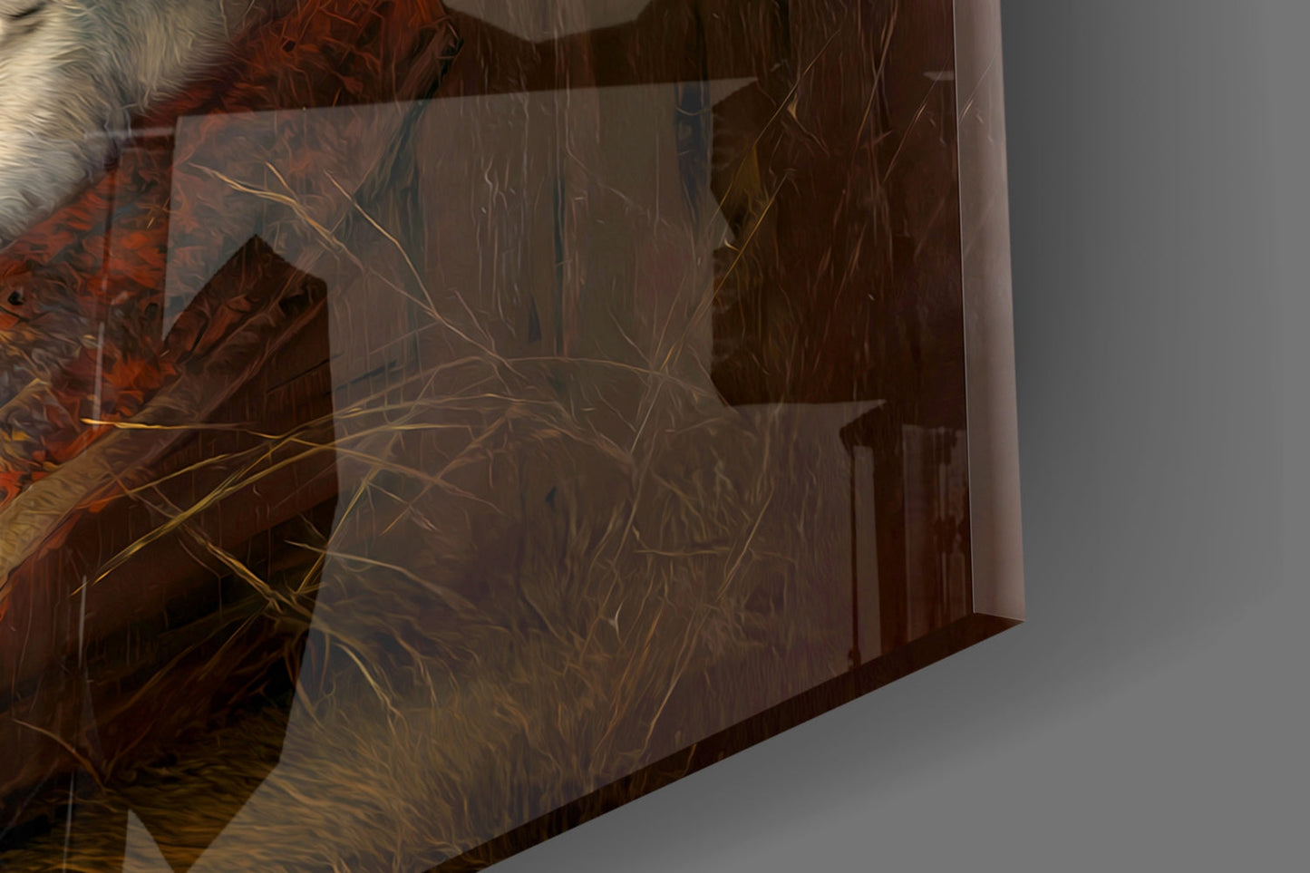 Frosted glass wall art panel displaying botanical etchings and warm brown tones, photographed at an angle.