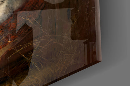 Frosted glass wall art panel displaying botanical etchings and warm brown tones, photographed at an angle.