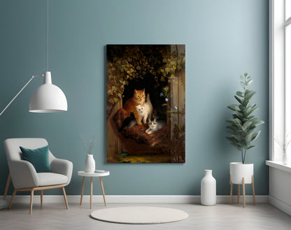 Canvas wall art depicting an orange and white cat with two kittens in a dark, floral-framed window setting, displayed in a minimalist room with teal walls.