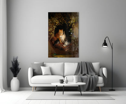 Canvas wall art depicting three cats in warm earth tones displayed above a white sofa in a modern living room.