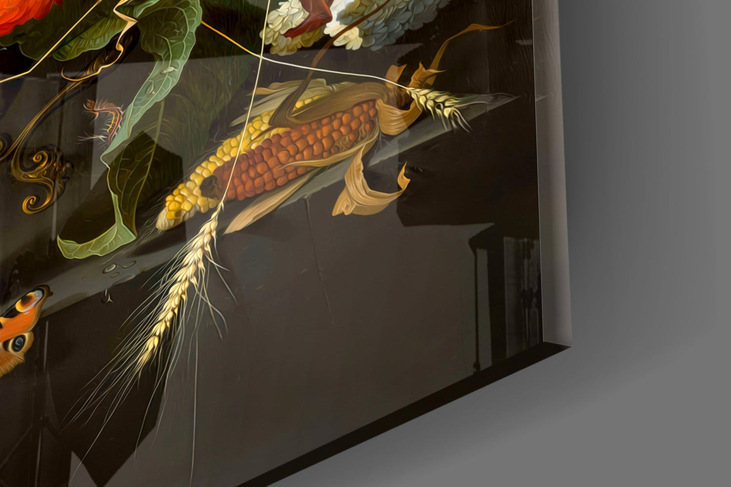 Upward angled view of illuminated glass wall art featuring golden corn cob with detailed silk-like threads against dark background.
