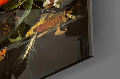 Upward angled view of illuminated glass wall art featuring golden corn cob with detailed silk-like threads against dark background.