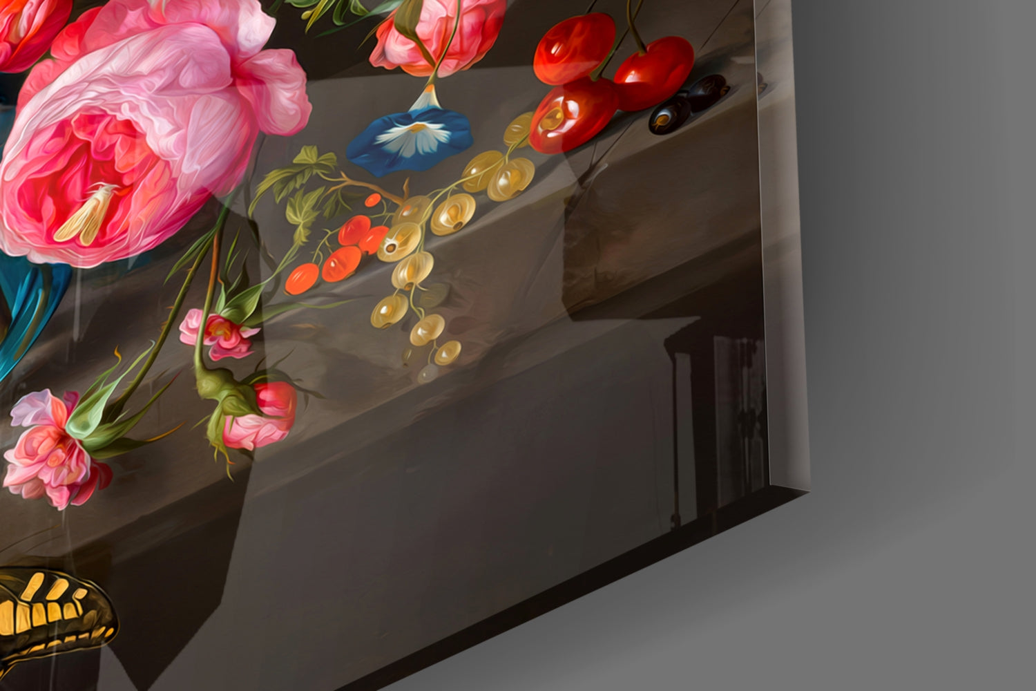 Ceiling-mounted glass wall art displaying vibrant pink peonies, red berries, and gold foliage against dark background, photographed from below.