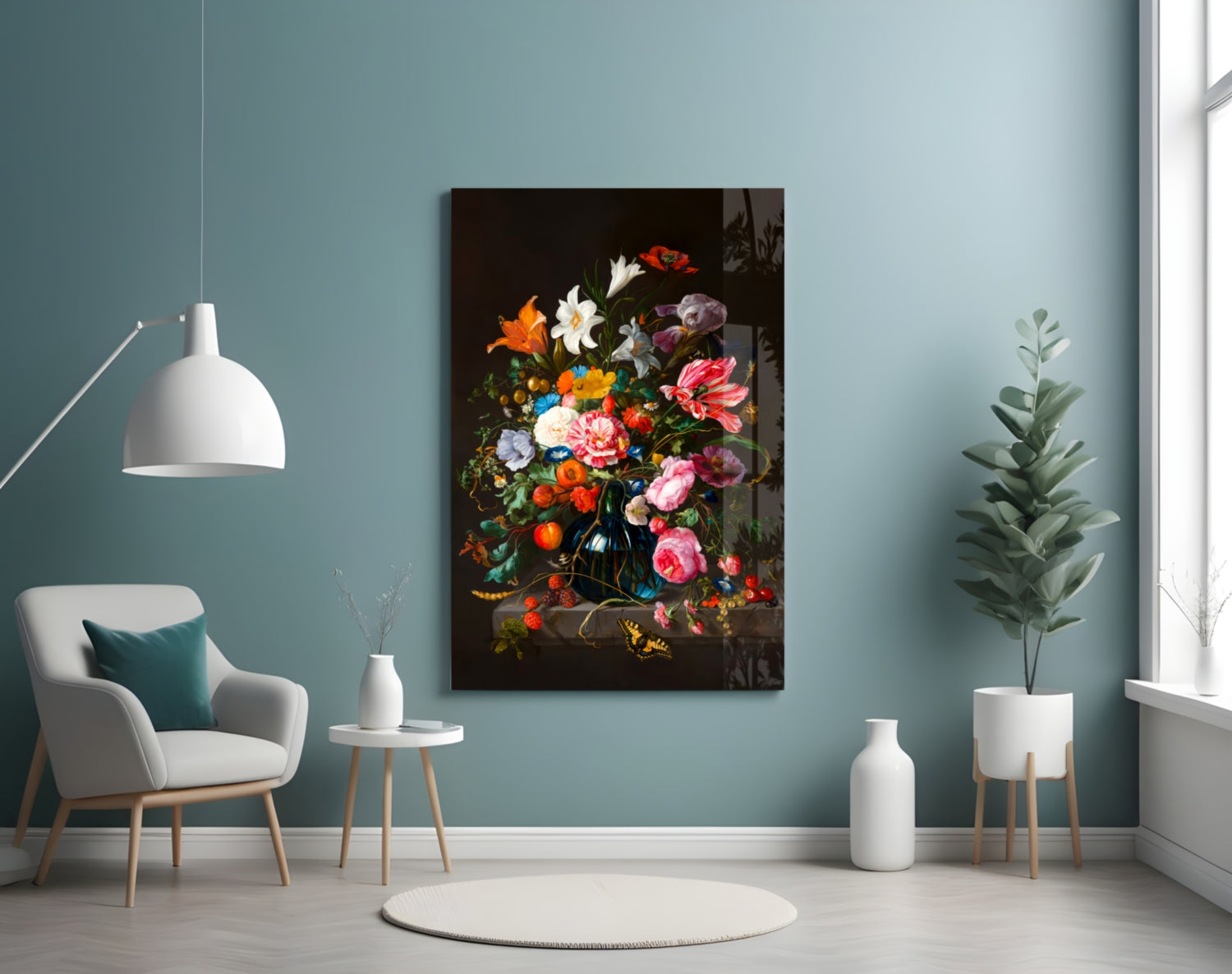 Classical floral still life glass wall art featuring vibrant multicolored flowers in dark vase, displayed in modern interior setting.