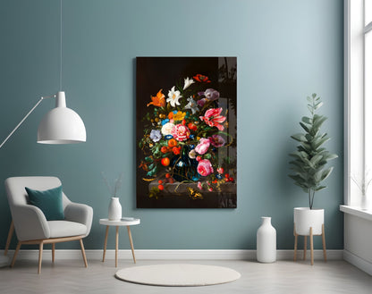 Classical floral still life glass wall art featuring vibrant multicolored flowers in dark vase, displayed in modern interior setting.