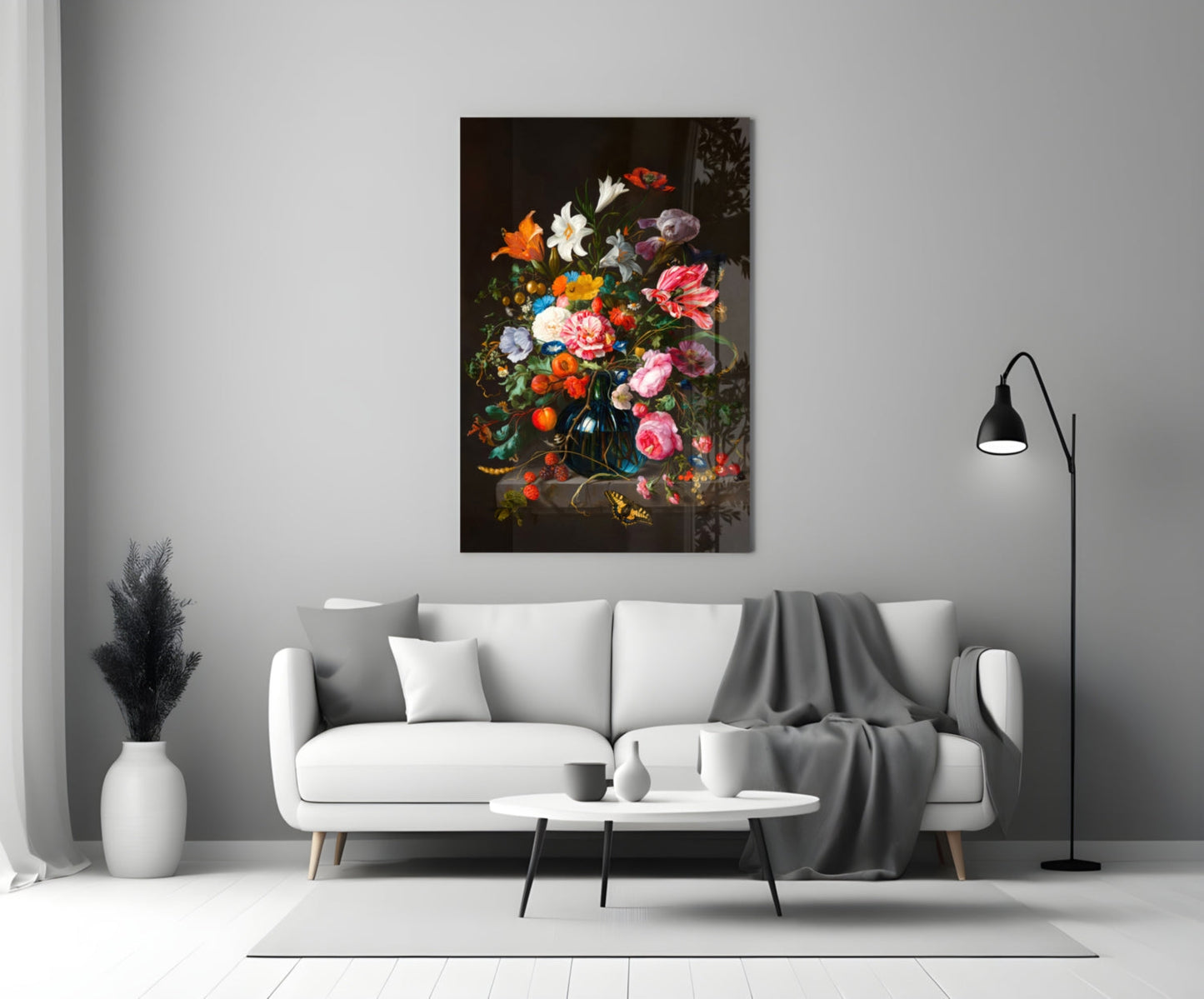 Classical Still Life Glass Wall Art featuring vibrant multicolored flowers in dark ornate vase, displayed above white sofa in modern living room.