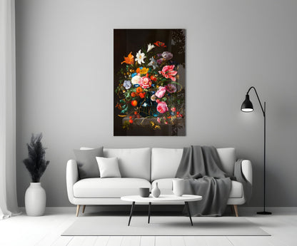 Classical Still Life Glass Wall Art featuring vibrant multicolored flowers in dark ornate vase, displayed above white sofa in modern living room.