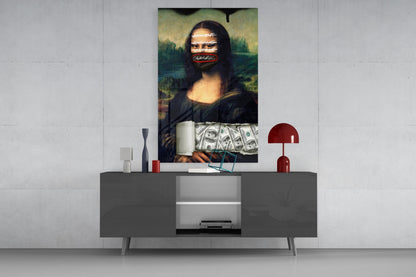 Modern Mona Lisa glass wall art with neon text overlay and dollar bills displayed above gray media console in contemporary interior setting.