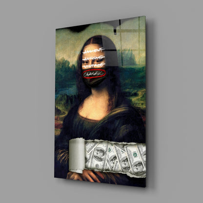 Modern Mona Lisa glass art angled right showing neon text overlay, money-wrapped arm, and Renaissance landscape background.